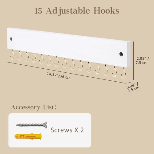 Lolalet Wooden Necklace Holder for Wall with 15 Hooks -Goldwhite | Wall Mount Jewelry Hangers for Necklaces, Chains, Bracelets and Earrings, Tangle-free, Easy to Install - color: Goldwhite