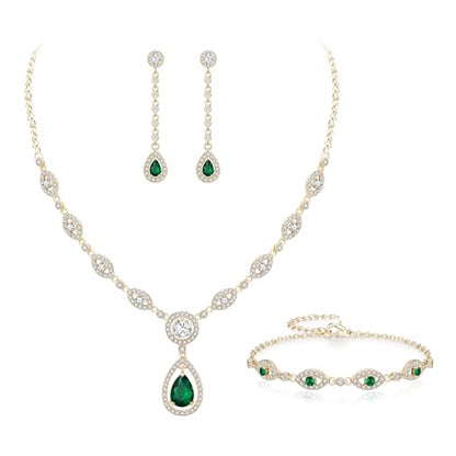 EVER FAITH Bridal Jewelry Set for Women, Stunning Teardrop Cubic Zirconia Birthstone Necklace Bracelet Earrings Sets Gift for Mothers Day/Valentines/Birthday/Christmas - color: Green Gold-Plated-Brass
