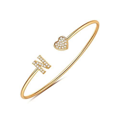 Gold Bracelets for Women Teen Girls, 14K Gold Plated Initial Heart Bangle | Adjustable Open Cuff Bracelet, Dainty Letter Jewelry, Daughter Sister Bridesmaid Friend, Birthday Christmas Graduation Gift - color: N