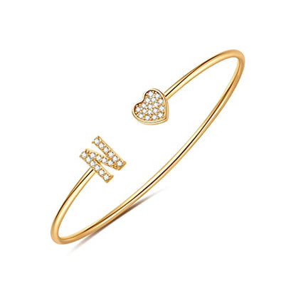 Gold Bracelets for Women Teen Girls, 14K Gold Plated Initial Heart Bangle | Adjustable Open Cuff Bracelet, Dainty Letter Jewelry, Daughter Sister Bridesmaid Friend, Birthday Christmas Graduation Gift - color: N