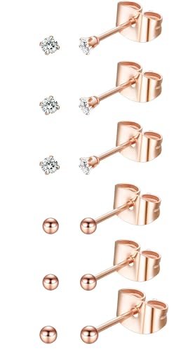 6Pairs 2mm/3mm Surgical Steel Hypoallergenic Piercing Studs, 20G 14K Real Gold Filled Tiny Stud Earrings Set for Multiple Hole Piercing (Cubic Zirconia, Pearl, Ball) - style: M02 : 2MM Rose Gold Ball & CZ, 6 Pairs
