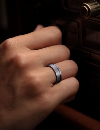 King Will Mens Tungsten Carbide Wedding Band with Groove Design | 6/7/8mm Width, Grooved, Comfort Fit, Everyday Wear - color: Silver&Black Inner-8mm