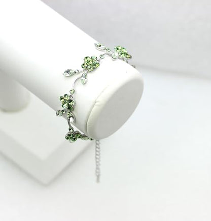 Faship Gorgeous Rhinestone Crystal Floral Necklace Earrings Set - color: Green / Peridot color green / Matching Bracelet