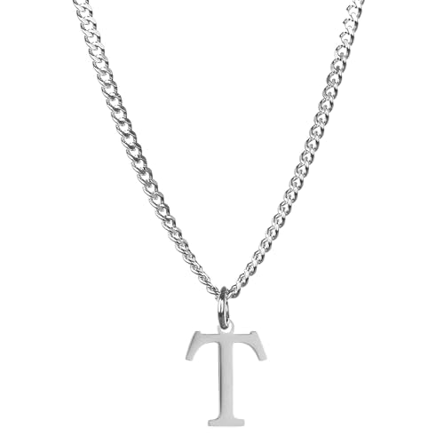 Men’s Minimal Initial Necklace, Stainless Steel Gold Silver Tone 26 Letters Pendant Necklace for Men Women 3.5mm Cuban Chain Waterproof - style: T