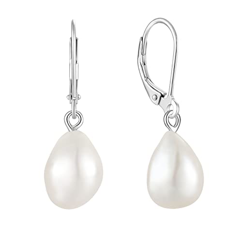 JO WISDOM 925 Sterling Silver Freshwater Pearl Hoop Earrings with Dangle Real Pearl,Simulated Pearls - color: D-10*12mm white pearl