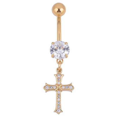 B BodyPJ Sparkles 14G Religious Belly Button Ring with Crystal Cross and Religious Charms, Stainless Steel - style: Type G,Gold