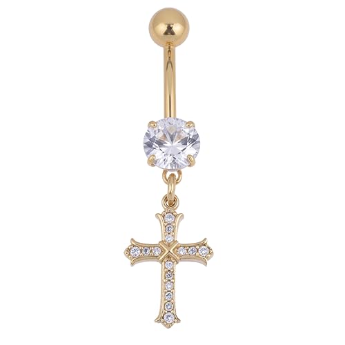B BodyPJ Sparkles 14G Religious Belly Button Ring with Crystal Cross and Religious Charms, Stainless Steel - style: Type G,Gold