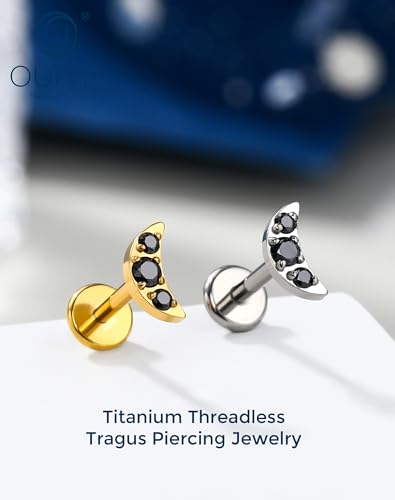 OUFER Body Piercing Titanium Flat Back Nose Stud 18G Moon Cartilage Earring Studs 6MM Threadless Helix Tragus Piercing Jewelry for Women Black Lip Piercing Jewelry - color: silver