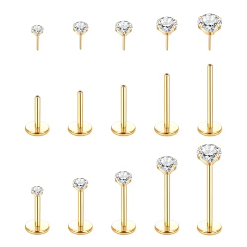 Aumeo 20G 18G 16G Threadless Push in Nose Rings Studs Surgical Steel Labret Jewelry Monroe Lip Rings Studs Medusa Ashley Piercing Jewelry for Women - color: Gold, size: 20g*6/7/8/10/12mm