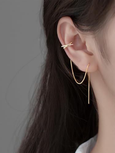 Long Chain Cuff Earrings Gold Silver Wrap Tassel Earrings Minimalist Cz Round Stud With Chain Cuff Double Piercing Jewelry Statement Fake Earrings for Women - color: style1-gold-1pcs