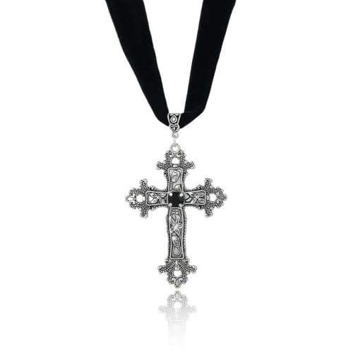 PINK TOWN Gothic Black Lace Choker Necklace for Women Vintage Black Red Crystal Cross Pendant Necklace Goth Cross Necklace Halloween Birthday Party Jewelry - color: Black