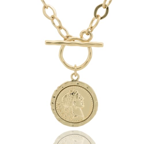 Women's Chunky Coin Necklace, 18K Gold Plated, 18-Inch Toggle Chain | Double-Sided Antique Coin Pendant with Thick Link Chain for Layered Looks and Vintage Statement Style for Everyday Wear - color: Worn Gold-2