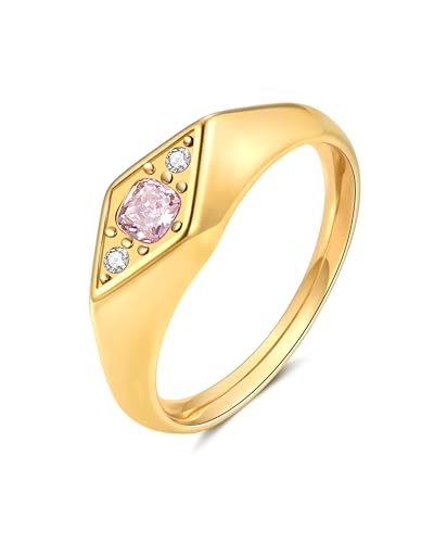 YeGieonr Gold Rings for Women Non Tarnish, 18K Gold Plated Stainless Steel North Star Signet Ring, Waterproof Dainty Pinky Statement Ring, Tarnish Free Gold Jewelry for Women - color: Rhombus Pink