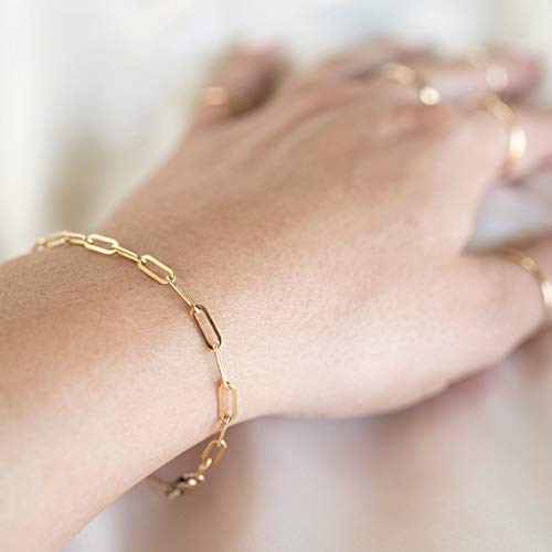 kelistom 14K Gold Filled Stainless Steel Paperclip Chain Bracelet for Women, 7.5” Rectangle Link Bracelets, Waterproof and Never Tarnish - color: 14K gold