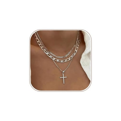 Cross Necklace for Women,Stackable Stacked Stacking Layering Layered Necklaces Dainty Gold Necklace Paperclip Box Flat Mariner Chain Necklace Cross Pendant CZ Diamond Simple Jewelry Gift - color: SL