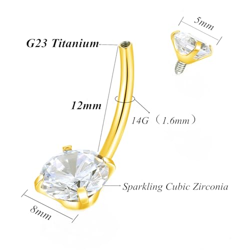 ORANGELOVE G23 Titanium 14G Belly Button Rings Cubic Zirconia Internally Threaded CZ Belly Ring Navel Barbell Stud Body Piercing Jewelry 14 Gauge 8mm 10mm 12mm 14mm - color: Gold, size: 14G 12mm
