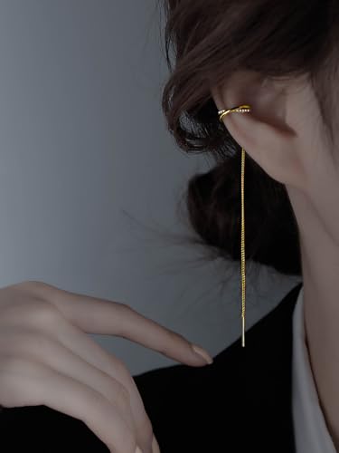 Long Chain Cuff Earrings Gold Silver Wrap Tassel Earrings Minimalist Cz Round Stud With Chain Cuff Double Piercing Jewelry Statement Fake Earrings for Women - color: style1-gold-2pcs