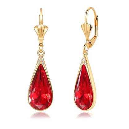 Teardrop Austrian Crystal Leverback Dangle Drop Earrings for Women | 14K Gold Plated,Classic Teardrop Elegance,Leverback for Easy Secure Wear,Gift Box Included, Brighten Up Daily and Party Looks - color: Red