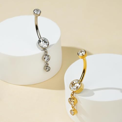 FINE4U Dangle Belly Button Rings 14G 10mm 12mm - ASTM F136 Implant Grade Real Titanium Belly Ring, Internally Threaded Hypoallergenic Navel Piercing Jewelry for Gift idea (Clear) - color: Bezel Set - Gold, size: 12mm - Gold