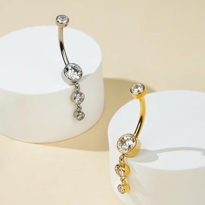 FINE4U Dangle Belly Button Rings 14G 10mm 12mm - ASTM F136 Implant Grade Real Titanium Belly Ring, Internally Threaded Hypoallergenic Navel Piercing Jewelry for Gift idea (Clear) - color: Bezel Set - Gold, size: 12mm - Gold