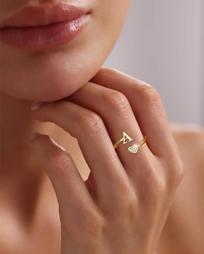 Lunvky Birthday Gifts Silver Initial Rings for Women Teen Girl Kids Trendy Stuff Dainty 14K Gold Plated Adjustable Heart Letter Thumb Rings Pinky Cute Jewelry Personalized Gift - color: Gold, size: Initial-W