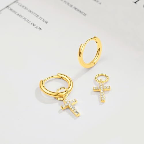 DAILY VIBES Cute Butterfly Star Cross Heart CZ Dangle Earrings for Women | 925 Sterling Silver Post, 14K Gold or Silver Plated, Mini Cubic Zirconia Dainty Drop, Cartilage Small Huggie Hoop Earrings - color: Gold Cross CZ