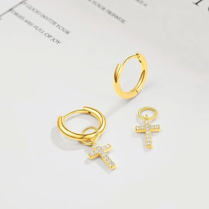 DAILY VIBES Cute Butterfly Star Cross Heart CZ Dangle Earrings for Women | 925 Sterling Silver Post, 14K Gold or Silver Plated, Mini Cubic Zirconia Dainty Drop, Cartilage Small Huggie Hoop Earrings - color: Gold Cross CZ