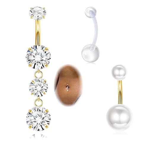 TIANCI FBYJS 3pcs G23 Titanium Pink Belly Button Rings Internally Threaded 10mm Clicker Reverse Curved Hoop Navel Barbell Piercing Jewelry CZ Belly Rings for Women Men - color: gold set3