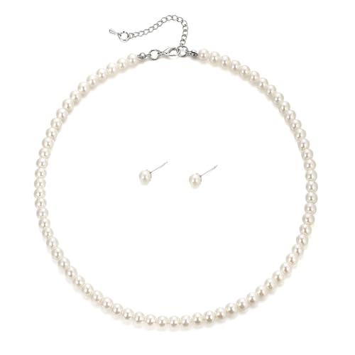 EVER FAITH Dainty Round Imitation Pearl Strand Necklace Stud Earrings Delicate Wedding Costume Prom Faux Pearls Jewelry for Women Bride - color: Cream Pearl, size: 6mm
