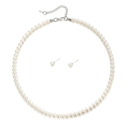 EVER FAITH Dainty Round Imitation Pearl Strand Necklace Stud Earrings Delicate Wedding Costume Prom Faux Pearls Jewelry for Women Bride - color: Cream Pearl, size: 6mm