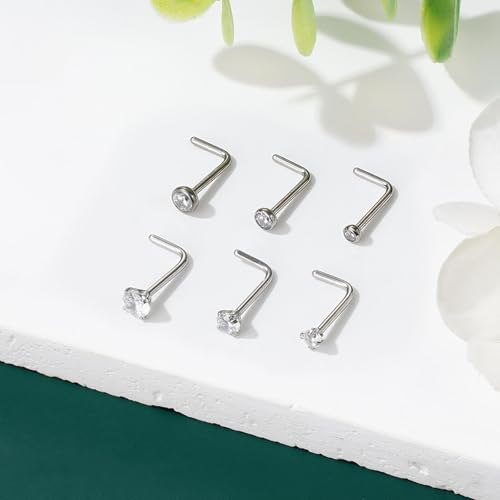 Gotumo 20G Nose Rings Titanium Nose Studs Cubic Zirconia Straight Nose Piercing Jewelry Hypoallergenic Nose Rings Studs for Women Men 6pcs set Silver - color: Silver, size: 20G L Shaped 6pcs