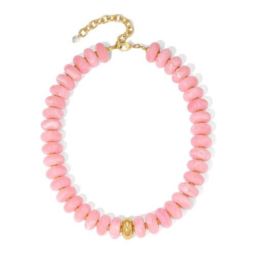 Chunky Beaded Necklace for Women Boho Statement Bead Necklace Adjustable Choker with Polished Disc/Square Beads Trendy Summer Beach Jewelry Gifts - color: Pink