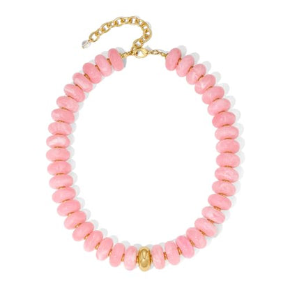Chunky Beaded Necklace for Women Boho Statement Bead Necklace Adjustable Choker with Polished Disc/Square Beads Trendy Summer Beach Jewelry Gifts - color: Pink