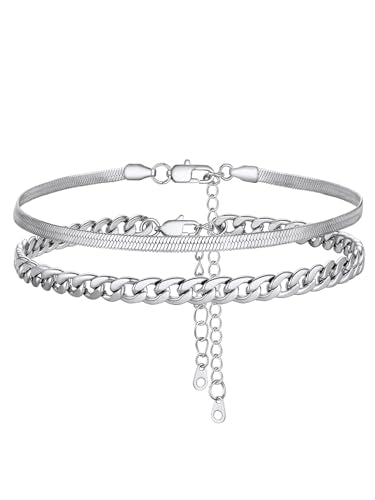 FOCALOOK Anklet Bracelets Set for Women, 14K Gold Plated Layered Anklet Set | Adjustable for Large Ankle, Cuban/Snake/Figaro/Paperclip Chain, Waterproof & Non Tarnish for Everyday Wear, Beach & Summer - color: A:2Pcs-Anklet Set-Silver