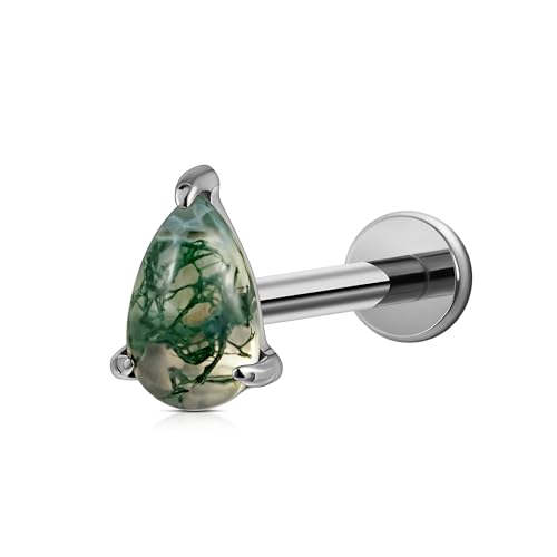 1PC ASTM F136 Titanium Piercing Jewelry for Tragus Conch Helix Flat Labret 18G 6mm 8mm, Cartilage Earring Flatback Stud - color: Moss Agate Drop - Tit