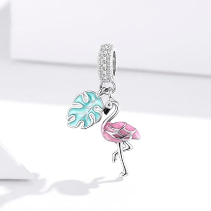 BISAER 925 Sterling Silver Charms for Bracelets Cat Dog Sloth Animal Beads Butterfly Fairy Heart Dangle Pendant Charms - color: Flamingo