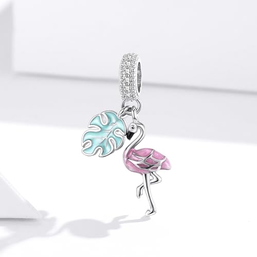 BISAER 925 Sterling Silver Charms for Bracelets Cat Dog Sloth Animal Beads Butterfly Fairy Heart Dangle Pendant Charms - color: Flamingo