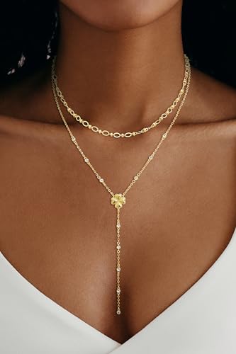 CHESKY Lariat Gold Necklace for Women, Dainty Long Necklace 14k Gold Plated Y-Shaped Pendant Necklace Trendy Layered CZ Beaded Chain Drop Necklaces Simple Gold Jewelry for Women Gifts - color: 7