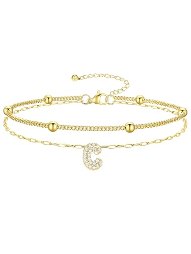 Richsteel Initial Ankle Bracelets for Women Waterproof, 14K Gold Plated/Silver Stainless Steel Anklets, Dainty Adjustable Layered Anklets with Bubble Letter, Non Tarnish Summer Beach Jewelry with Gift Box - color: C-Gold-Plated