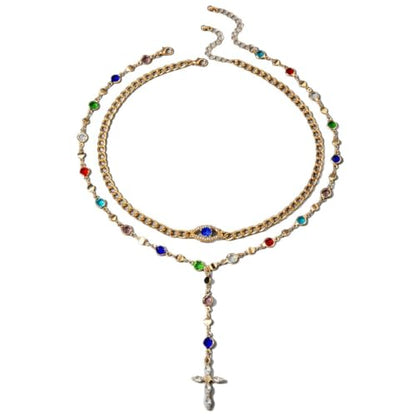 Layered Necklace for Women Double Layered Gold Necklace Snake Chain Simple Fashionable Versatile Jewelry Gift - color: Colorful Stacked Cross Necklace