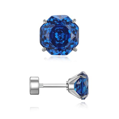 Zircon Flat Back Screw Hypoallergenic Surgical Steel Stud Earrings - color: Gem Blue, size: 1ct - 0.24 Inch (6mm), None Gift Box