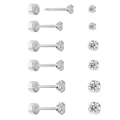 5-6 pairs Push-in Flat Back Stud Earrings Hypoallergenic Surgical Stainless Steel Cubic Zirconia Earrings Studs Set Multi-Pack, CZ Stud Earrings for Women Men Trendy Cartilage Stud Earrings 2-8mm - color: Silver-2/3/4mm(6pairs)