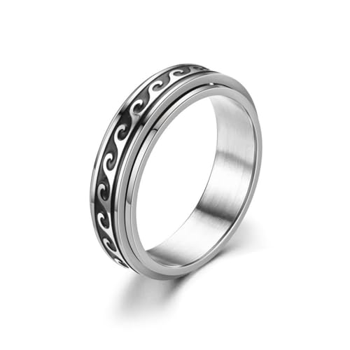 Wave Spinner Ring For Women, Summer Ocean Nautical Pattern Anti-Anxiety Fidget Two Tone Stainless Steel Jewelry Gift - color: Wave Spinner 10
