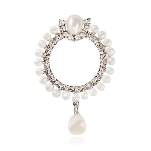 Elegant CZ Cubic Zirconia Round White Simulated Pearl Circle Brooch Pin for Women Wedding
