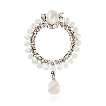 Elegant CZ Cubic Zirconia Round White Simulated Pearl Circle Brooch Pin for Women Wedding