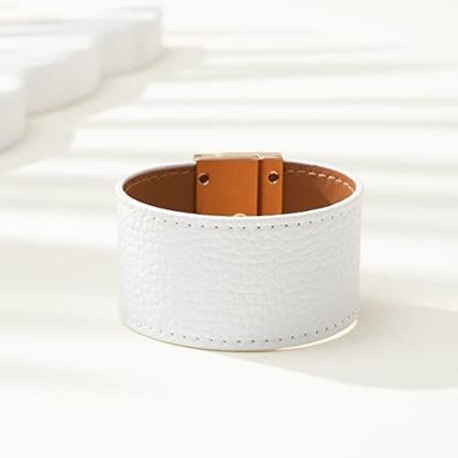 Rantanto Leather Wrap Bracelets For Women Gold Twist Lock Buckle Wrist Cuff | PU leather,Skin-friendly,Boho Stackable Wristband,Fashion Daily Jewelry,Trend Casual Party Bangle,Fit For Birthday, Holiday - color: Wide White