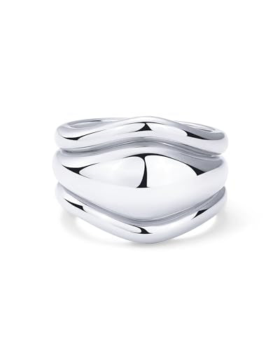 PAVOI 14K Gold Plated Chunky Stackable Rings Set for Women | Cubic Zirconia Bands Set | 3 Statement Rings Pack - color: White Gold, size: 9, style: Plain
