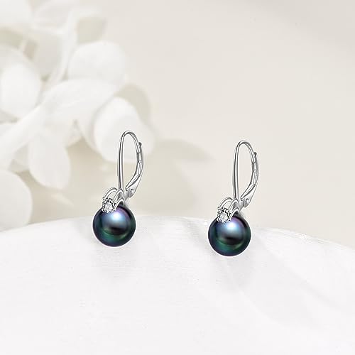 TIGER RIDER Pearl Earrings 925 Sterling Silver Leverback Hypoallergenic Drop Earring Jewelry for Women Birthday Gifts - style: black pearl