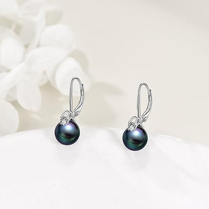 TIGER RIDER Pearl Earrings 925 Sterling Silver Leverback Hypoallergenic Drop Earring Jewelry for Women Birthday Gifts - style: black pearl