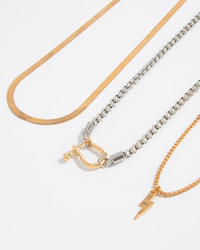 Gold Layered Necklaces for Women Chunky Layered Gold Necklaces Stacked Paperclip Chain Pearl Necklace Herringbone Toggle Clasp Choker Trendy Statement Jewelry Gifts - color: B4:two tone necklace